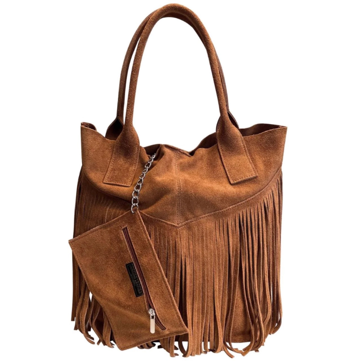 Sac shopper Naya en cuir suédé à franges ~ Camel
