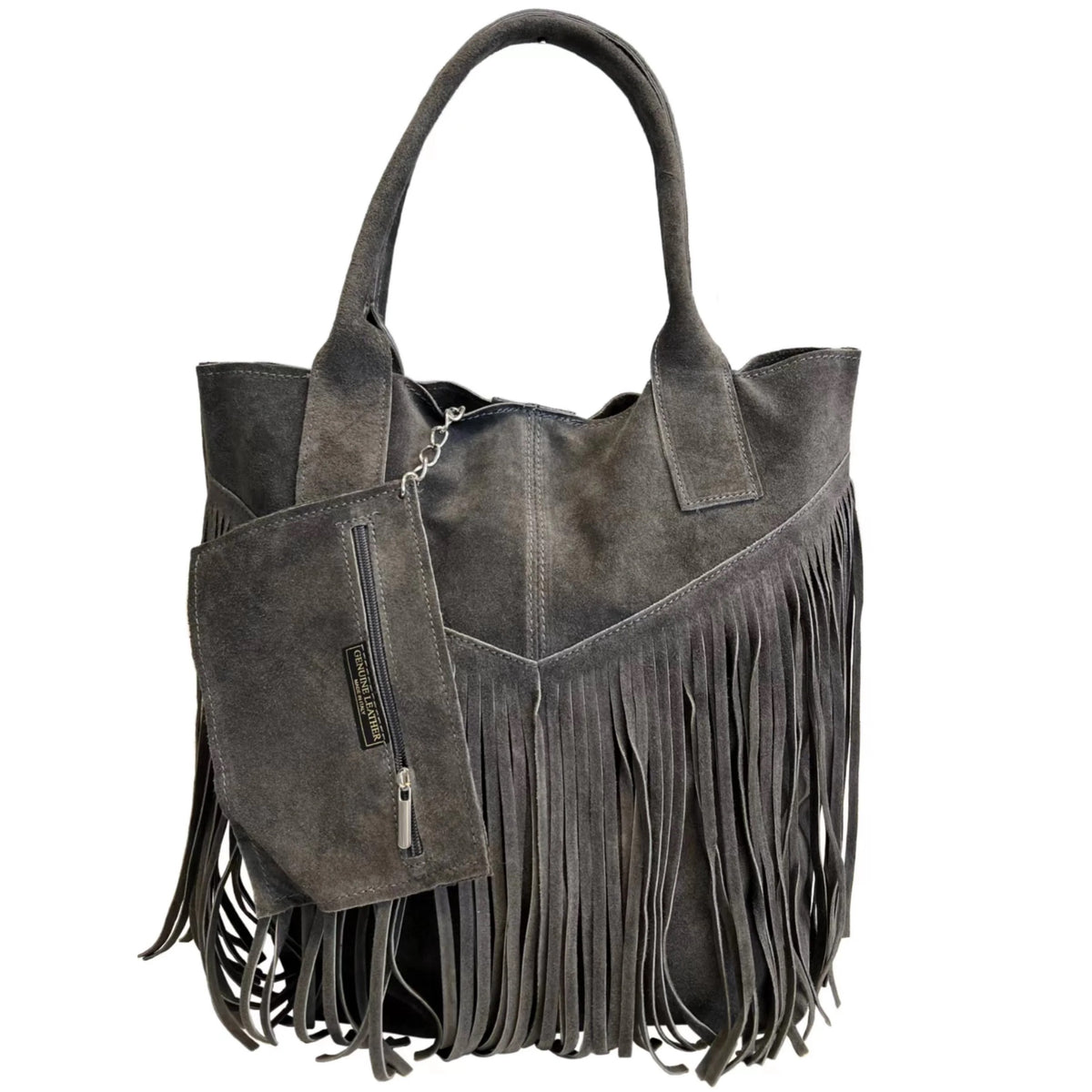 Sac shopper Naya en cuir suédé à franges ~ Gris foncé