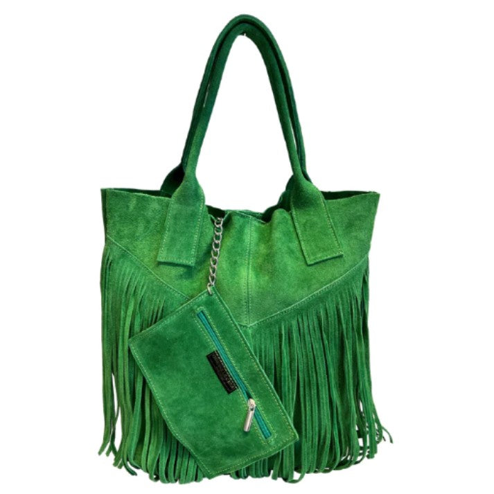 Sac shopper Naya en cuir suédé à franges ~ Vert émeraude