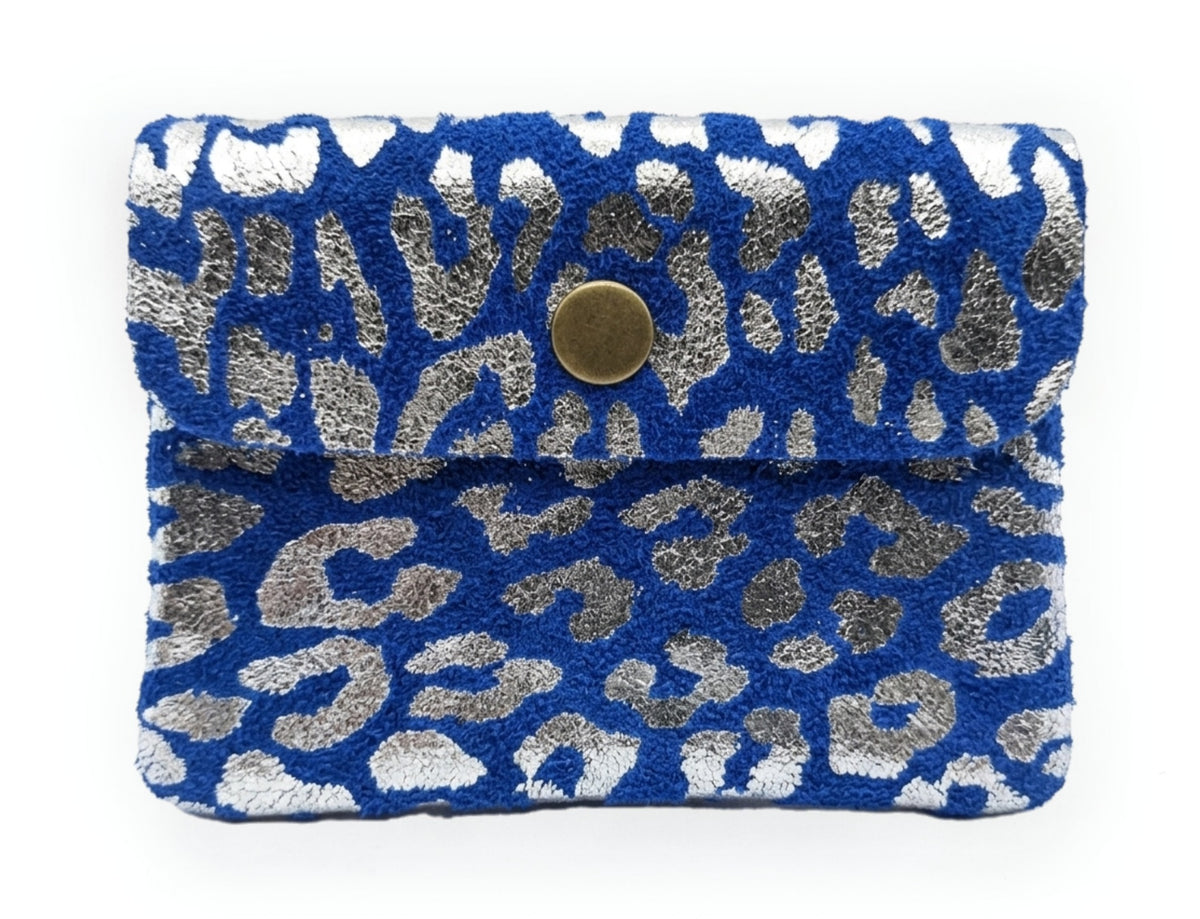 Porte-monnaie Aponi léopard en cuir suédé italien ~ Bleu / Argenté