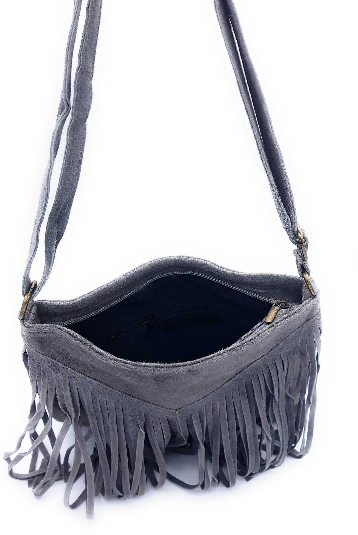 Sac à bandoulière en cuir suèdé à franges Chenoa ~ Gris