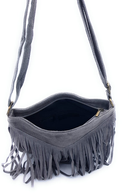 Sac à bandoulière en cuir suèdé à franges Chenoa ~ Gris
