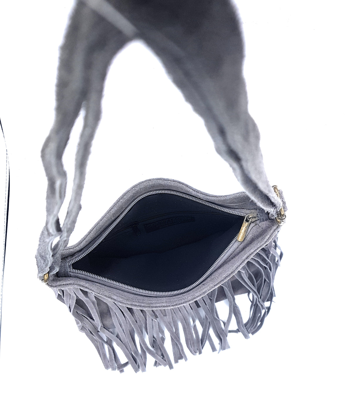 Sac à bandoulière en cuir suèdé à franges Chenoa ~ Gris