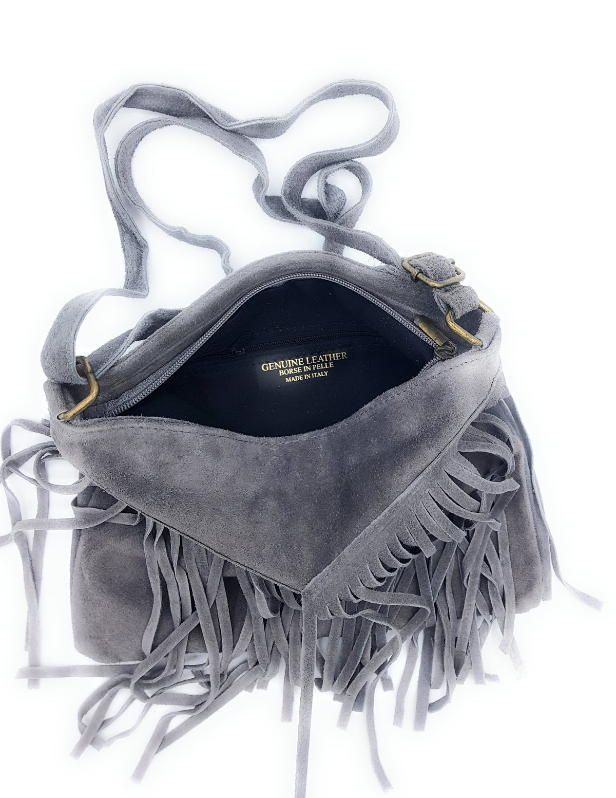 Sac à bandoulière en cuir suèdé à franges Chenoa ~ Gris