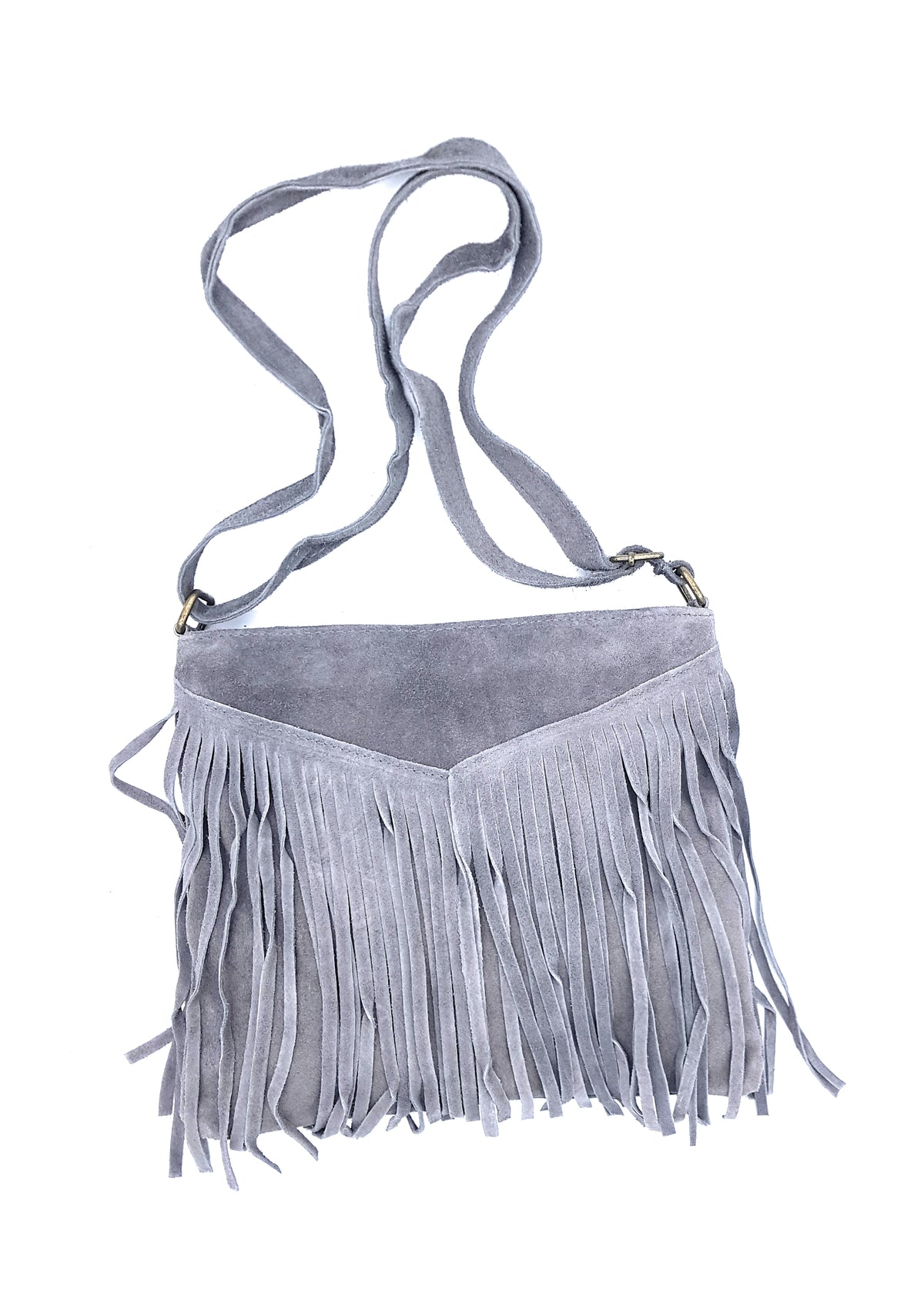 Sac à bandoulière en cuir suèdé à franges Chenoa ~ Gris