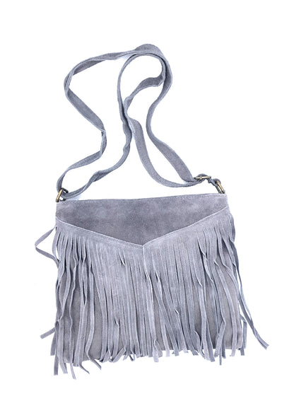 Sac à bandoulière en cuir suèdé à franges Chenoa ~ Gris