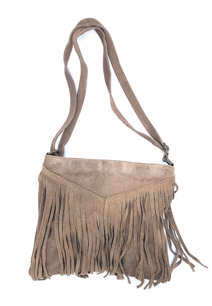 Chenoa Fringed Suede Leather Shoulder Bag ~ Taupe Brown