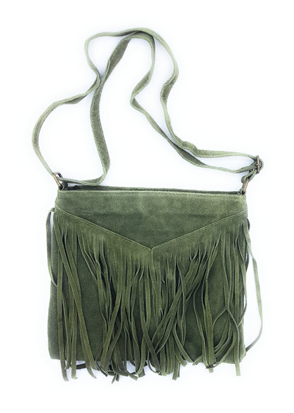 Chenoa Fringed Suede Leather Shoulder Bag ~ Fir Green