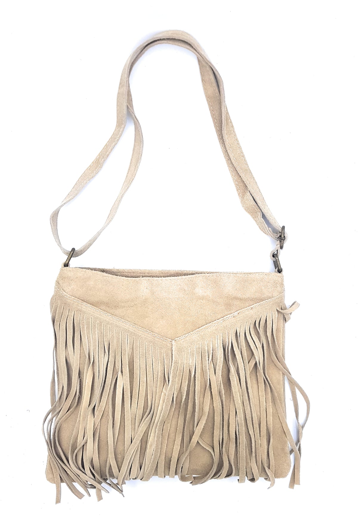 Sac à bandoulière en cuir suèdé à franges Chenoa ~ Beige