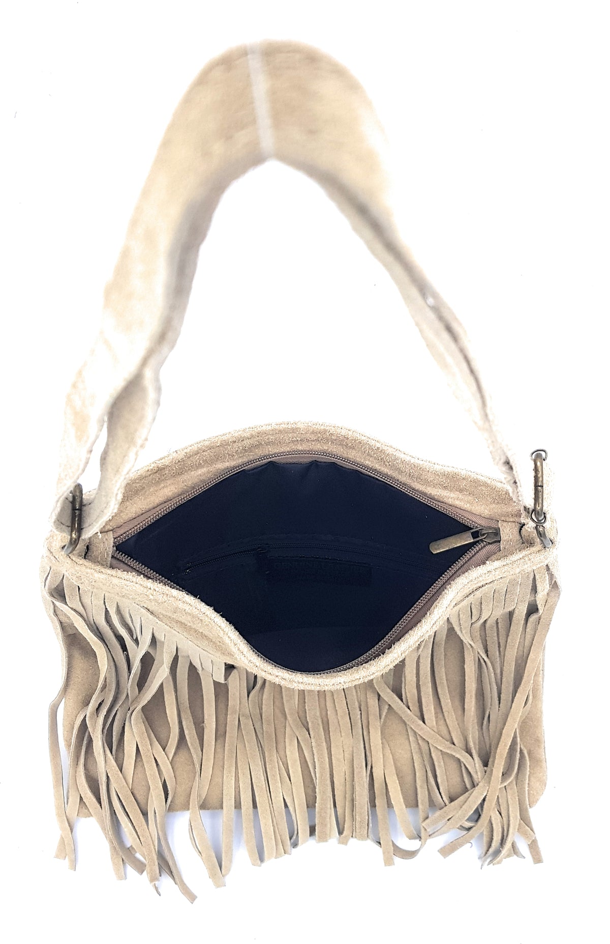 Sac à bandoulière en cuir suèdé à franges Chenoa ~ Beige