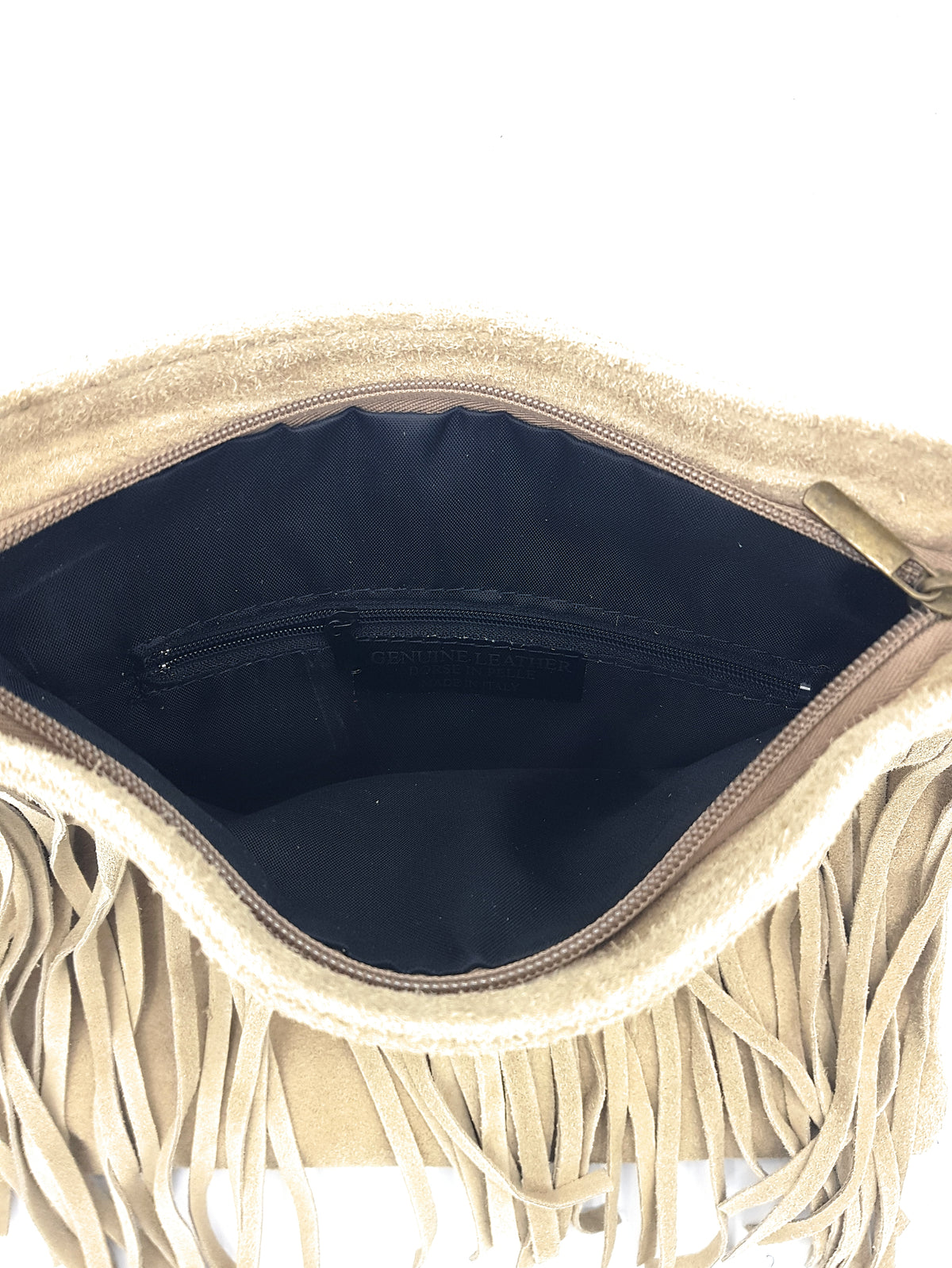 Sac à bandoulière en cuir suèdé à franges Chenoa ~ Beige