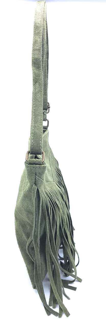 Chenoa Fringed Suede Leather Shoulder Bag ~ Fir Green