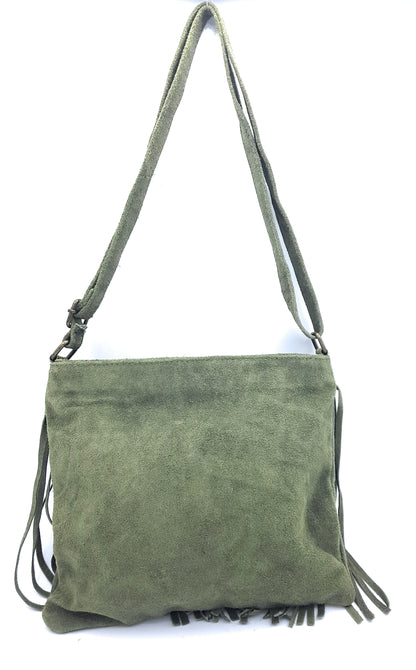 Chenoa Fringed Suede Leather Shoulder Bag ~ Fir Green