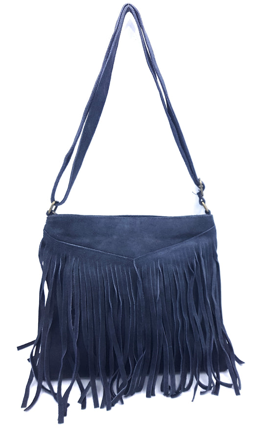 Chenoa Fringed Suede Leather Shoulder Bag ~ Charcoal Black