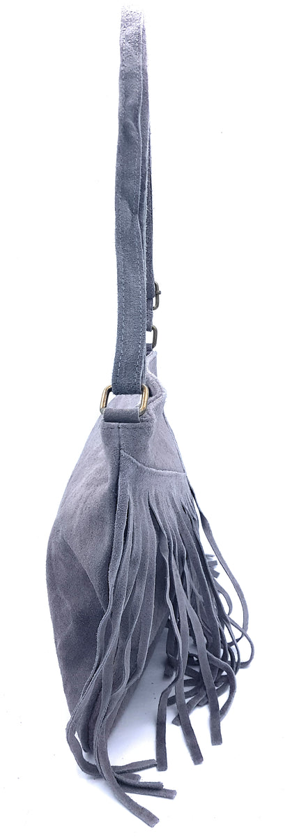 Sac à bandoulière en cuir suèdé à franges Chenoa ~ Gris