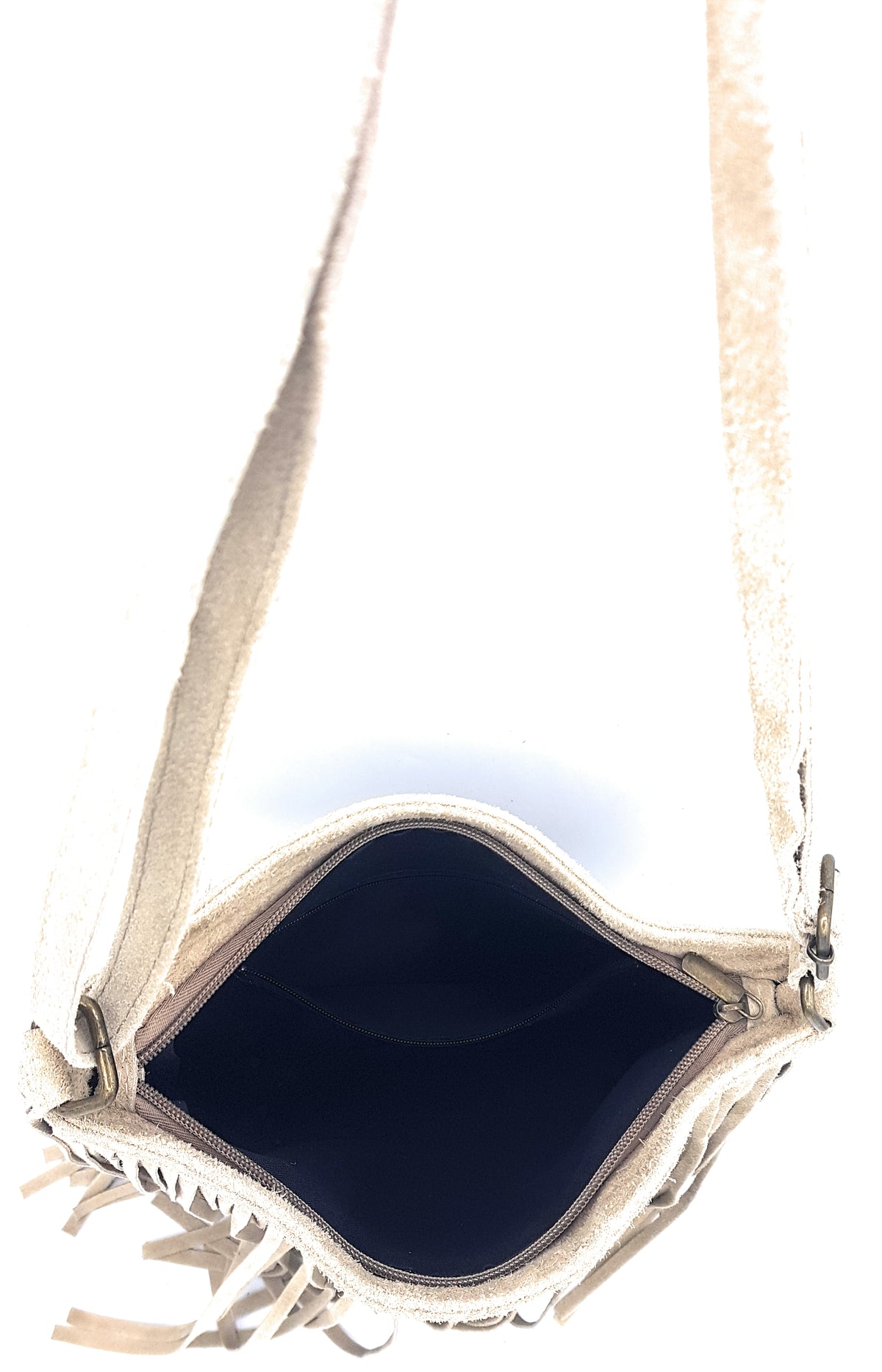 Sac à bandoulière en cuir suèdé à franges Chenoa ~ Beige