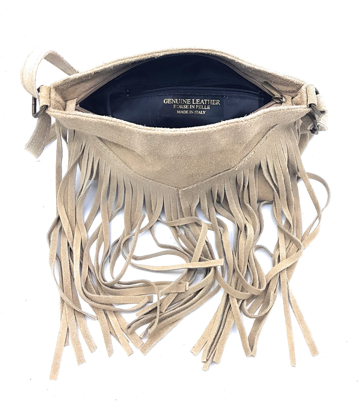 Sac à bandoulière en cuir suèdé à franges Chenoa ~ Beige