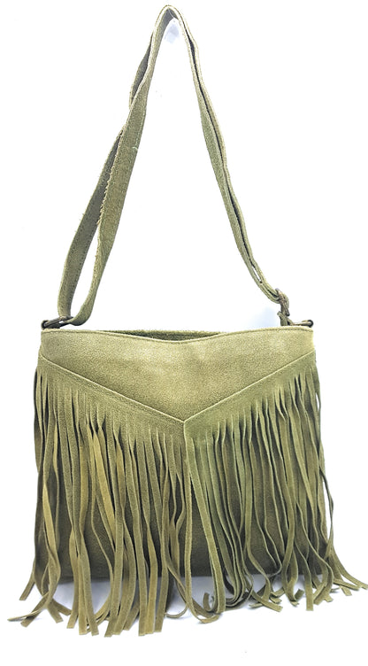 Sac à bandoulière en cuir suèdé à franges Chenoa ~ Vert olive