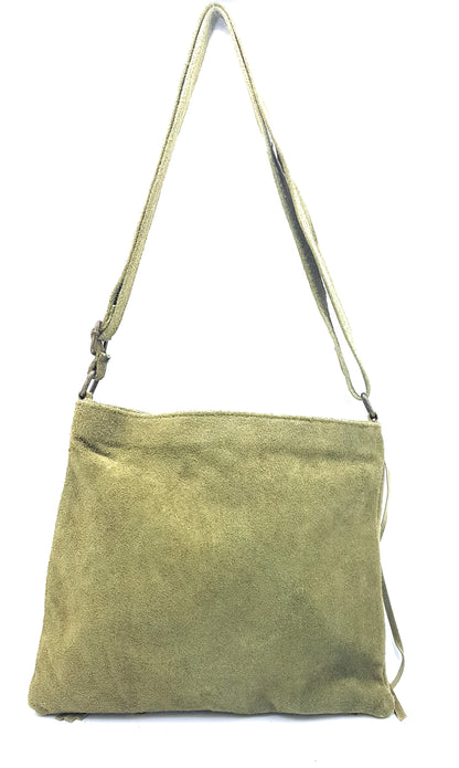Sac à bandoulière en cuir suèdé à franges Chenoa ~ Vert olive