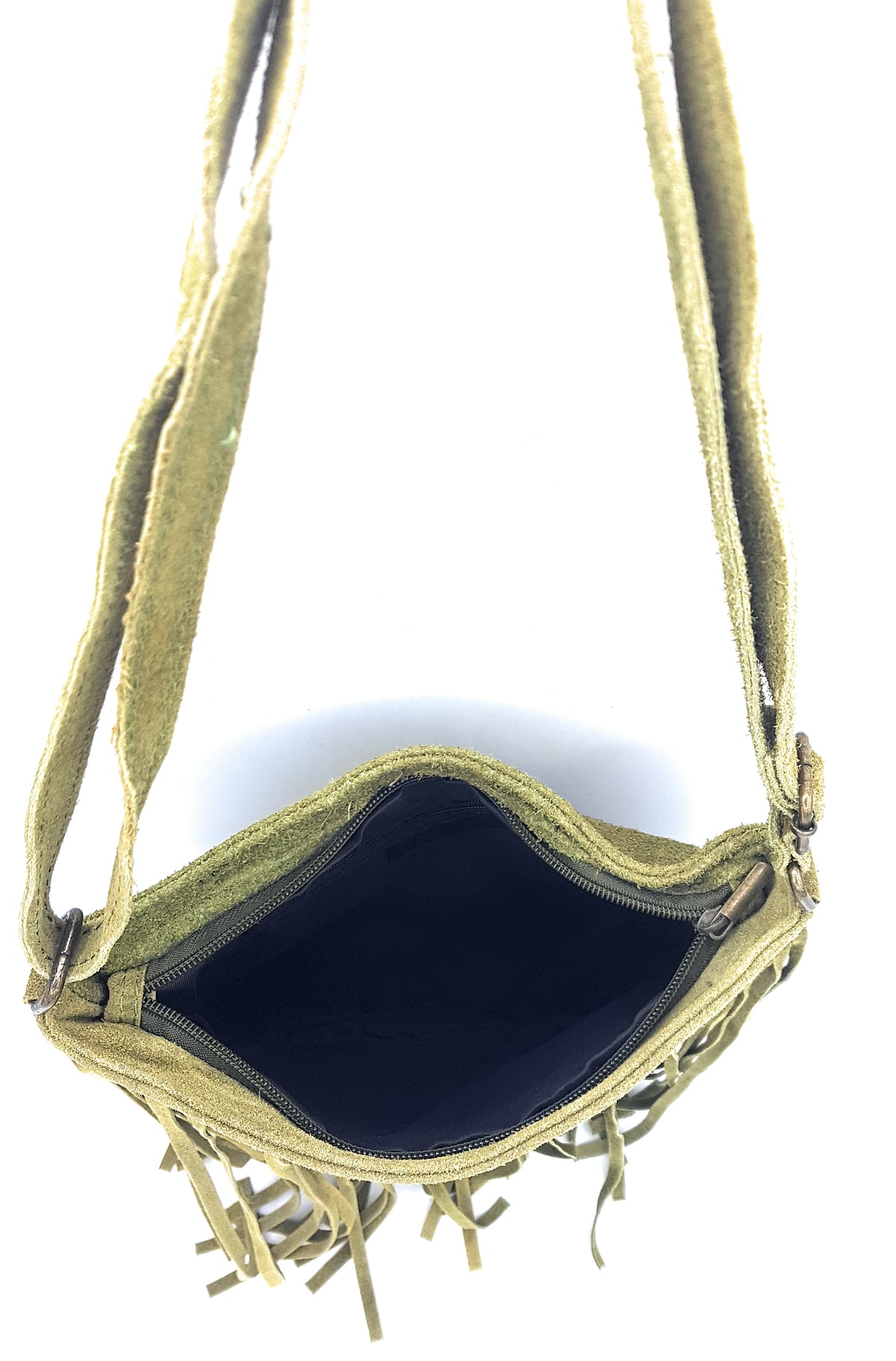 Sac à bandoulière en cuir suèdé à franges Chenoa ~ Vert olive
