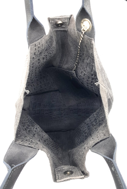 Gator Shopper Bag in Alligator Embossed Suede Leather ~ Grey