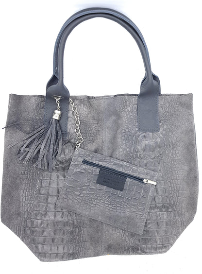 Gator Shopper Bag in Alligator Embossed Suede Leather ~ Grey