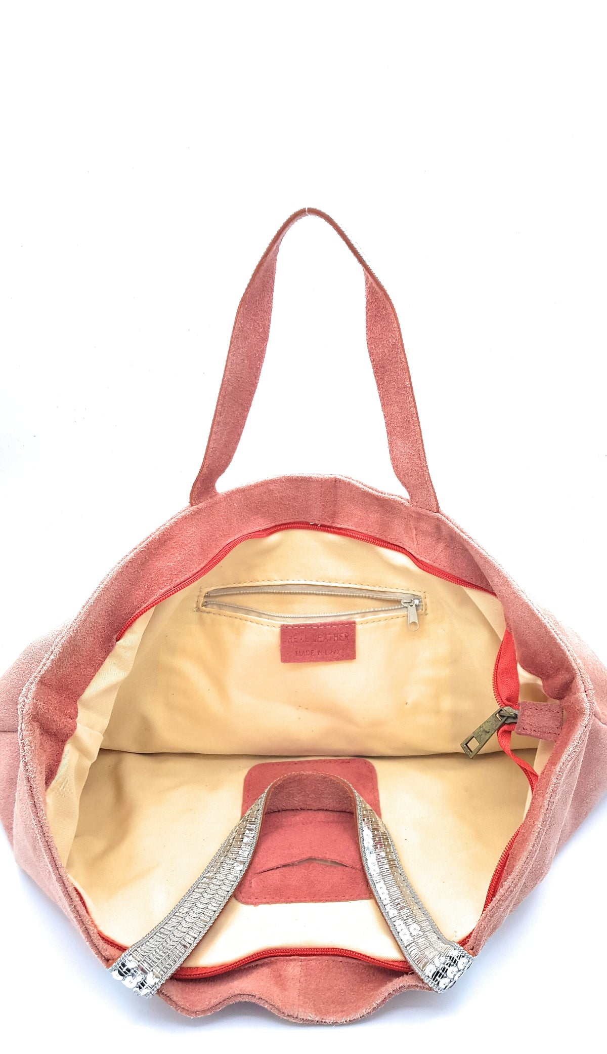 Sac cabas Kaya en cuir suèdé à sequins ~ Corail