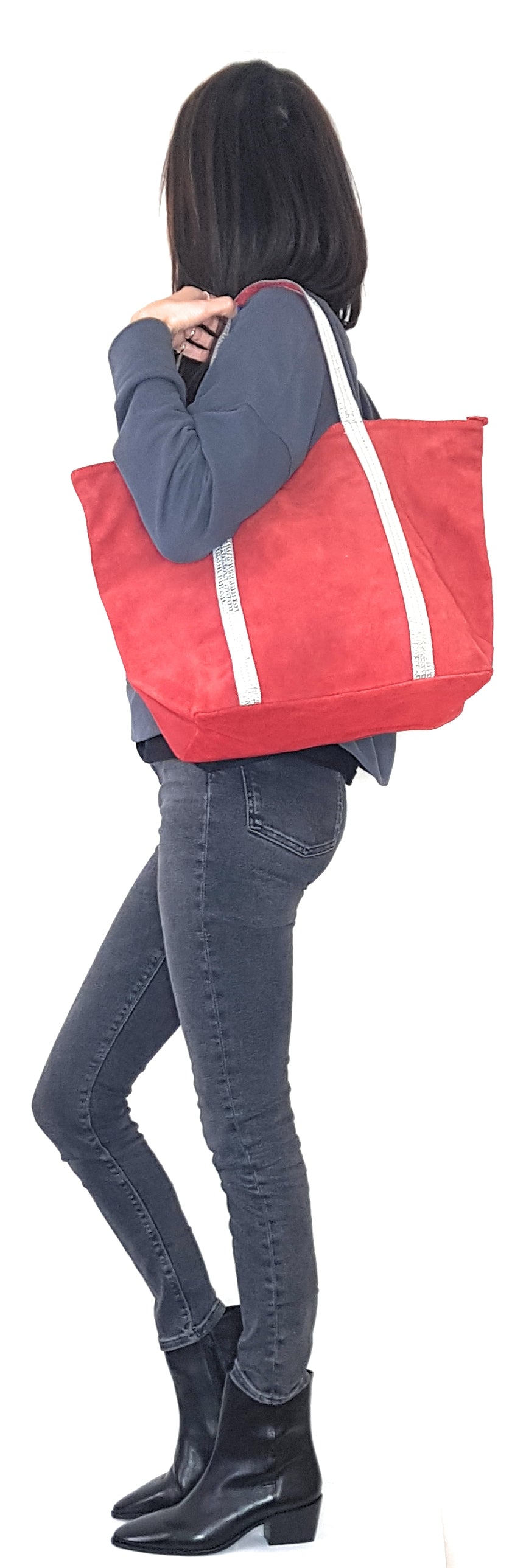 Kaya Suede Leather Sequin Tote Bag ~ Red