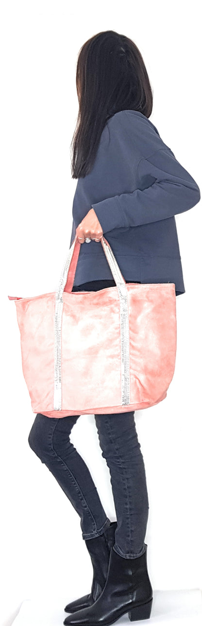 Sac cabas Kaya en cuir suèdé à sequins ~ Corail