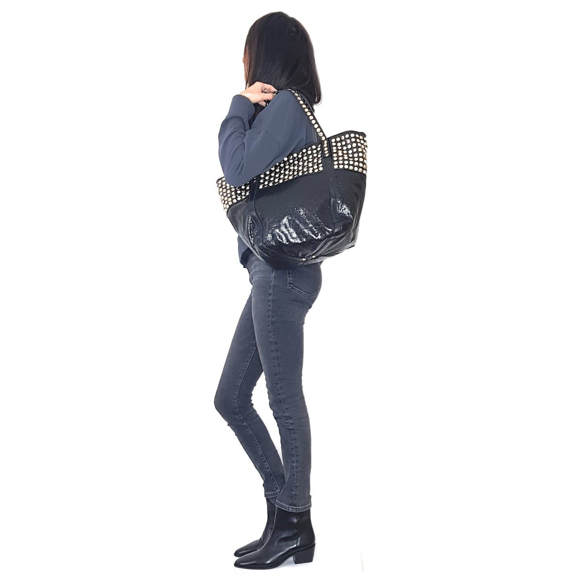 Shine Faux Leather Rhinestone Tote Bag ~ Black