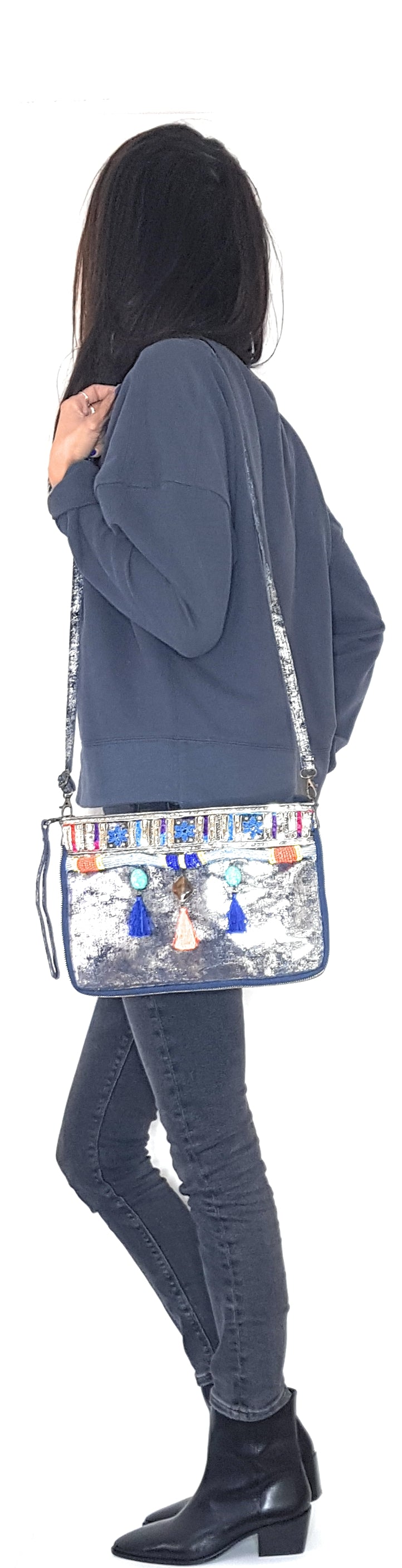 Cherokee Iridescent Leather Clutch Bag with Embroidery and Beads ~ Silver