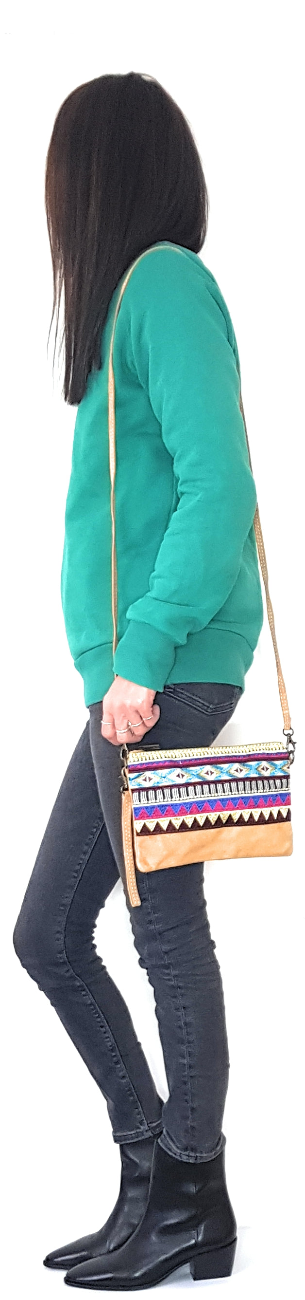 Namata Suede Leather Clutch Bag with Embroidery ~ Camel