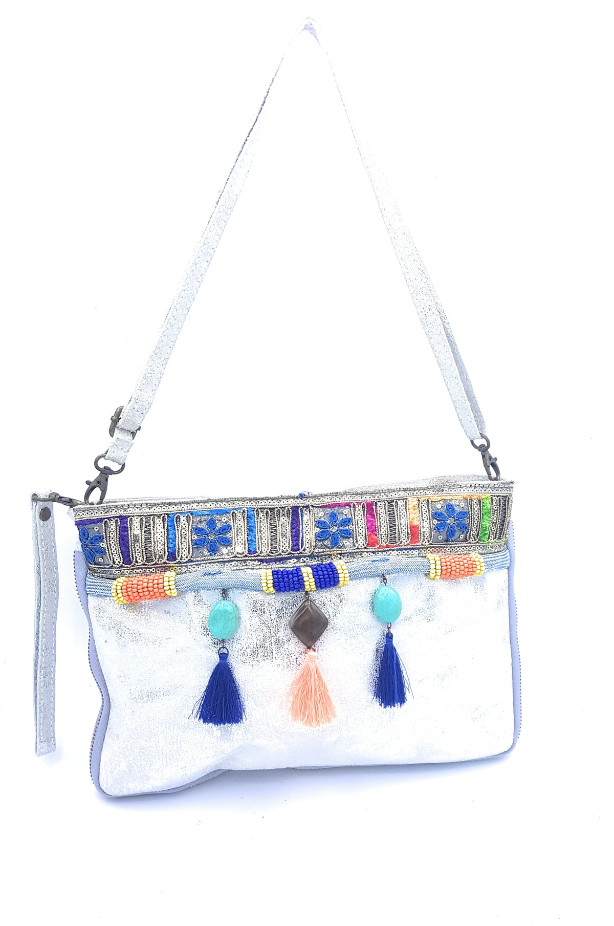 Cherokee Iridescent Leather Clutch Bag with Embroidery and Beads ~ Silver