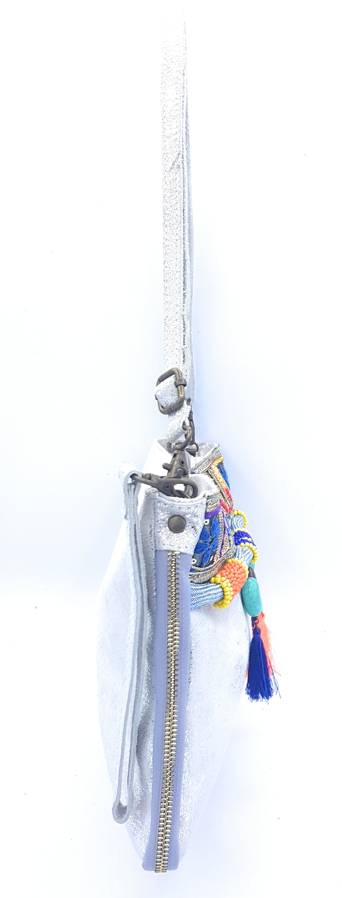 Cherokee Iridescent Leather Clutch Bag with Embroidery and Beads ~ Silver
