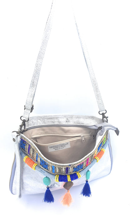 Cherokee Iridescent Leather Clutch Bag with Embroidery and Beads ~ Silver