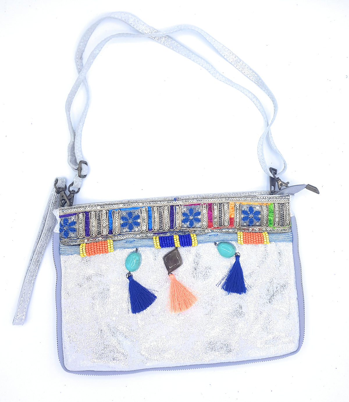 Cherokee Iridescent Leather Clutch Bag with Embroidery and Beads ~ Silver