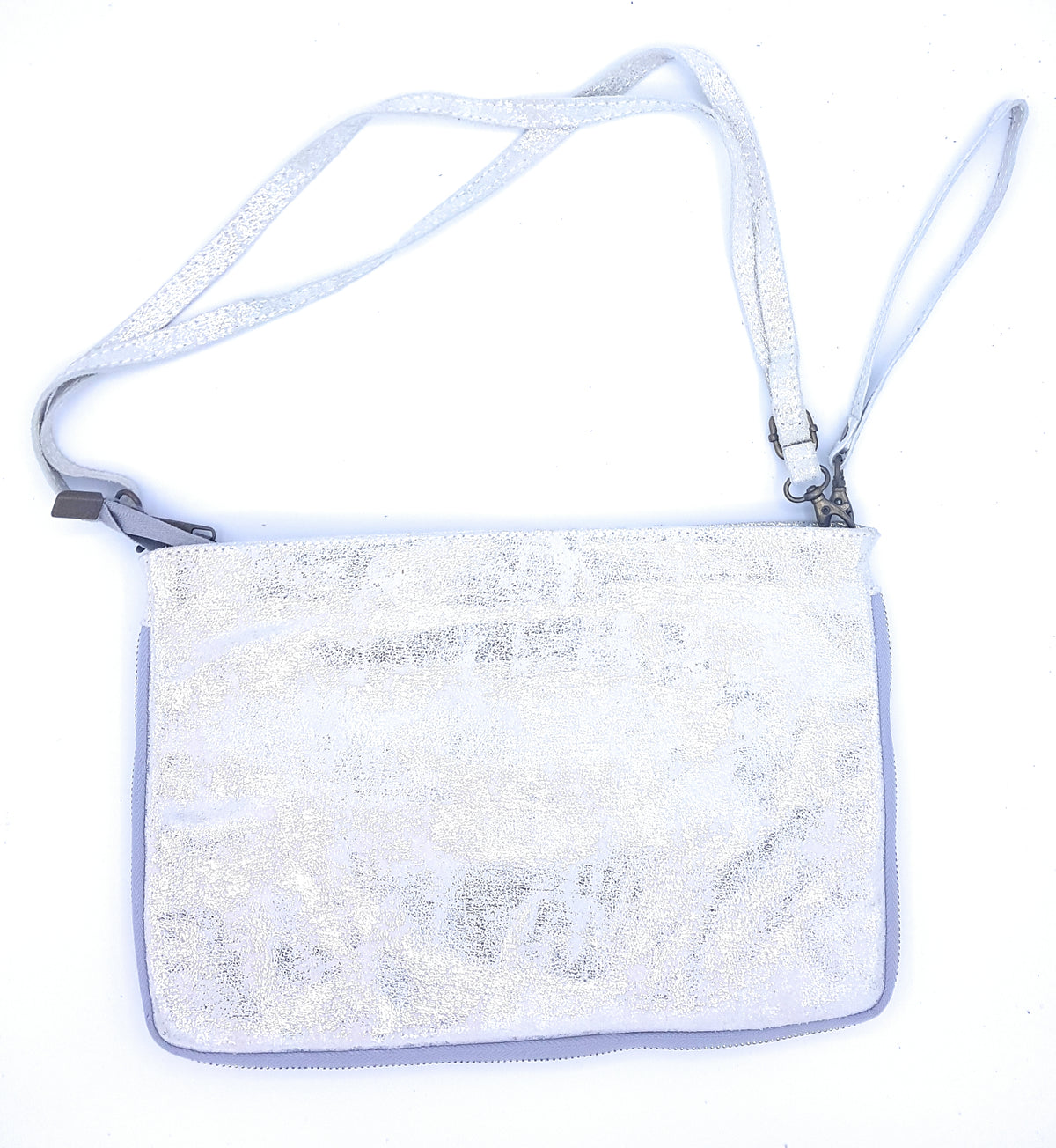 Cherokee Iridescent Leather Clutch Bag with Embroidery and Beads ~ Silver