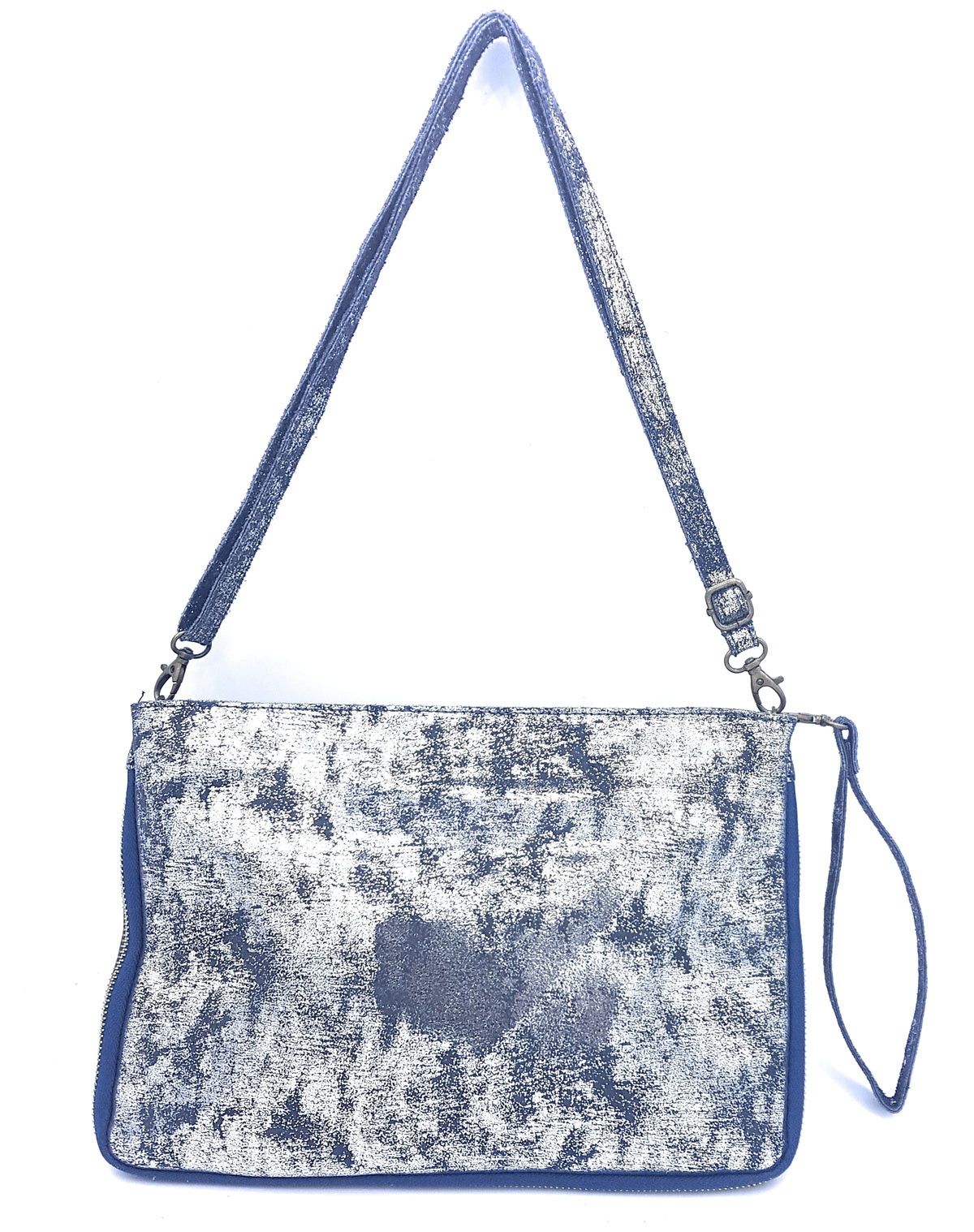 Cherokee Iridescent Leather Clutch Bag with Embroidery and Beads ~ Silver Blue