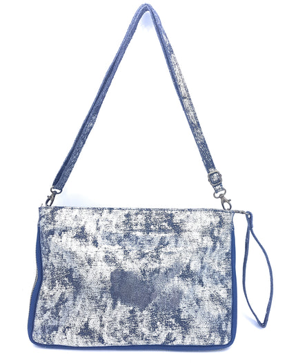 Cherokee Iridescent Leather Clutch Bag with Embroidery and Beads ~ Silver Blue