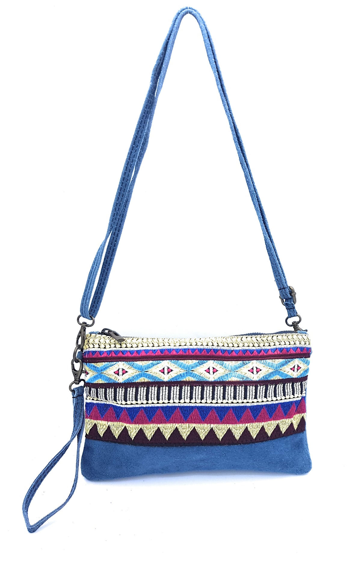 Namata suede leather clutch bag with embroidery ~ Denim blue