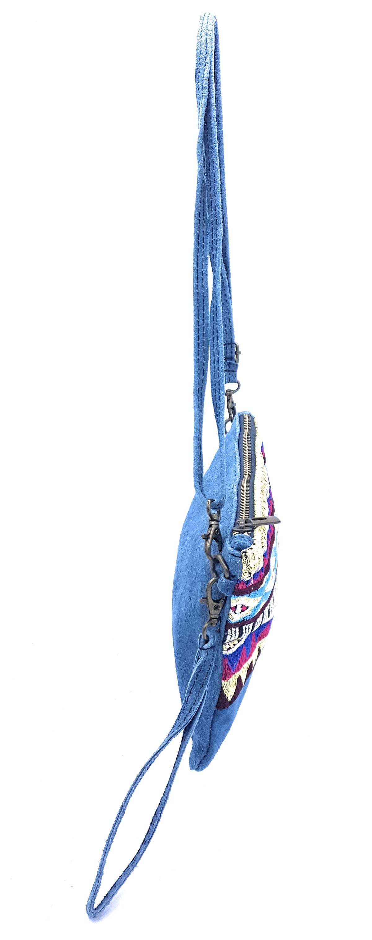 Namata suede leather clutch bag with embroidery ~ Denim blue