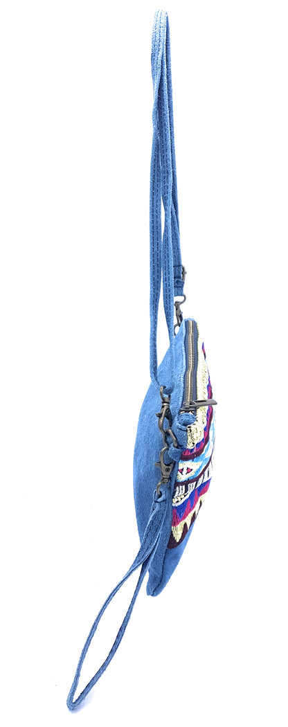 Namata suede leather clutch bag with embroidery ~ Denim blue
