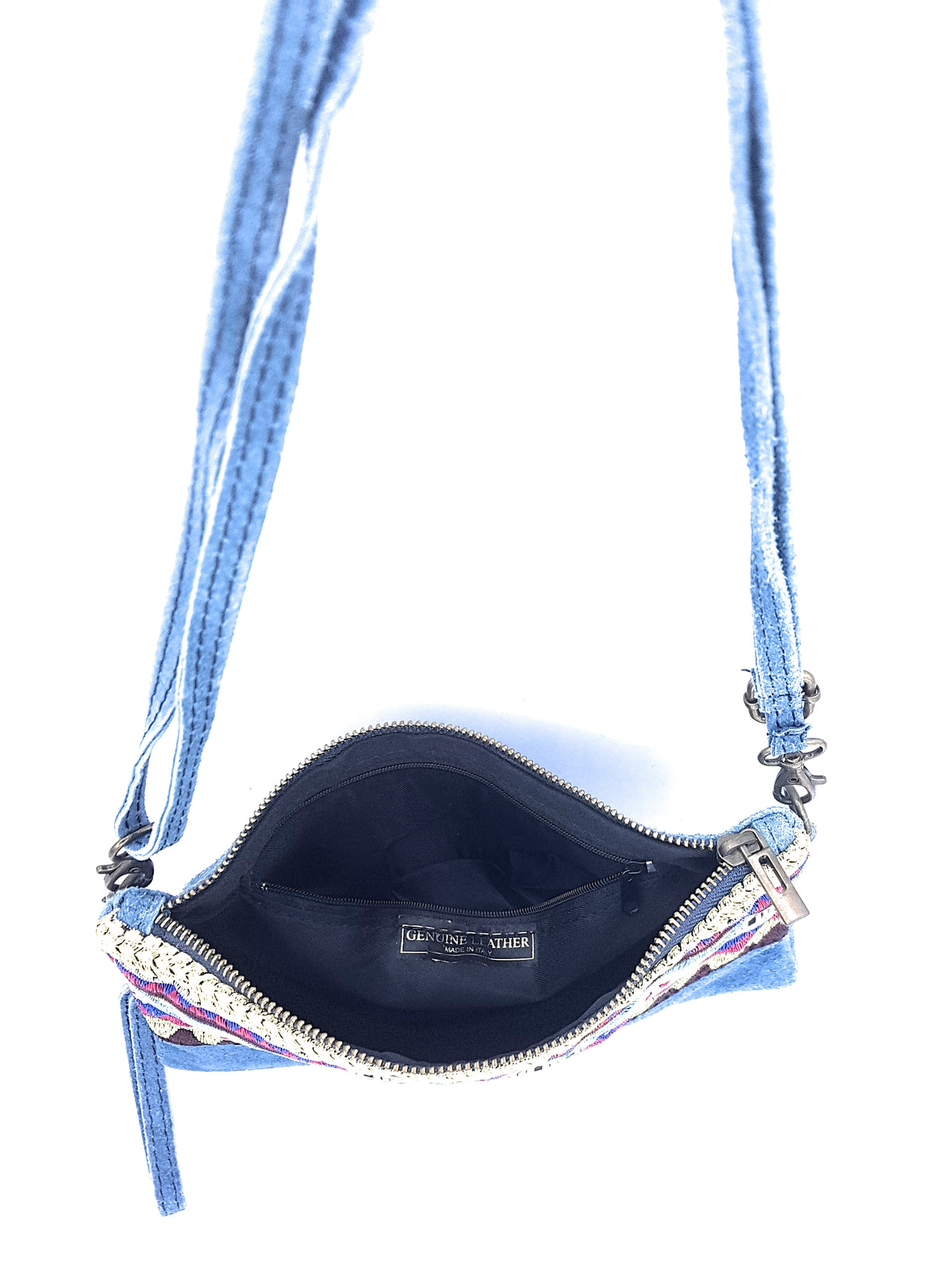 Namata suede leather clutch bag with embroidery ~ Denim blue