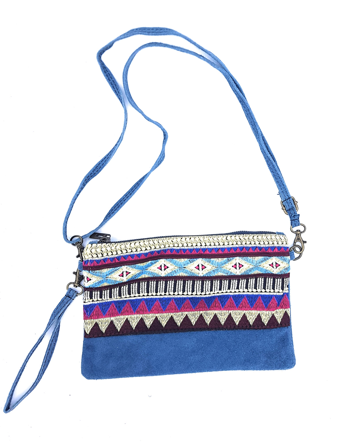 Namata suede leather clutch bag with embroidery ~ Denim blue