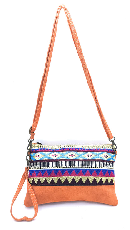 Namata Suede Leather Clutch Bag with Embroidery ~ Orange