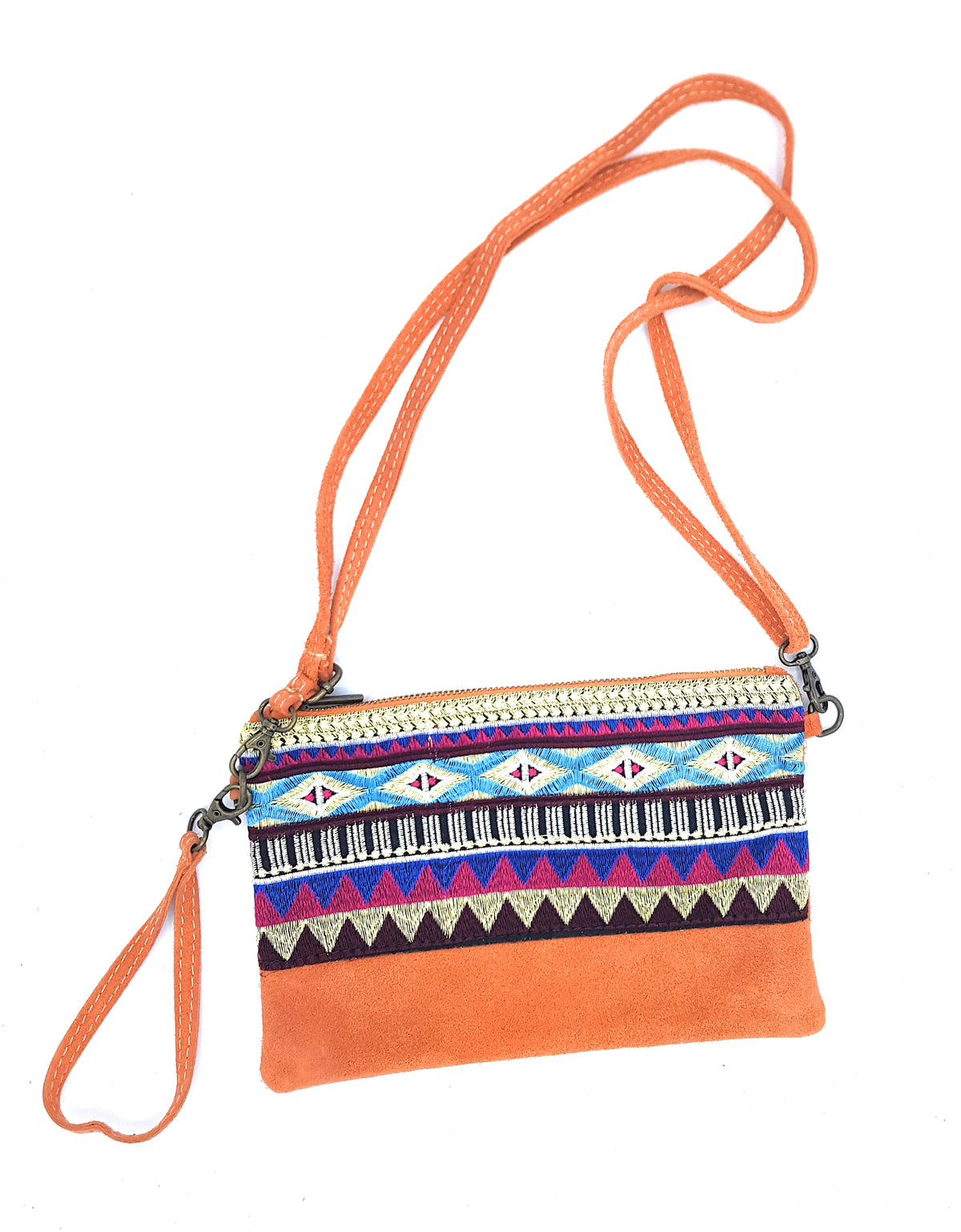 Namata Suede Leather Clutch Bag with Embroidery ~ Orange
