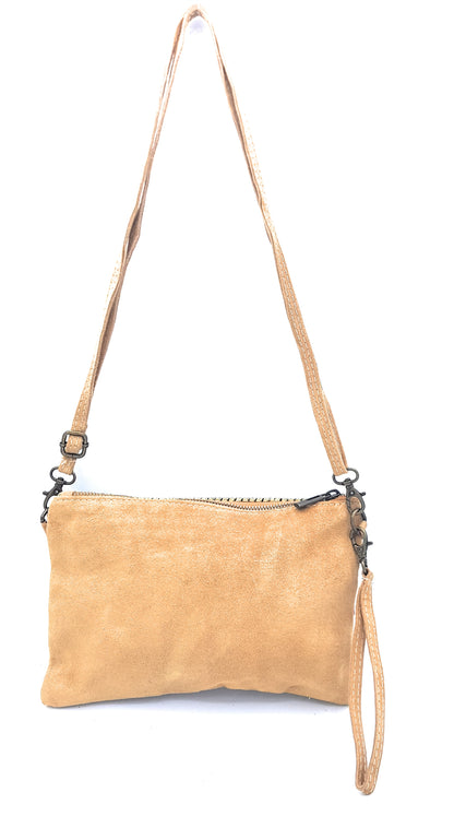 Namata Suede Leather Clutch Bag with Embroidery ~ Camel