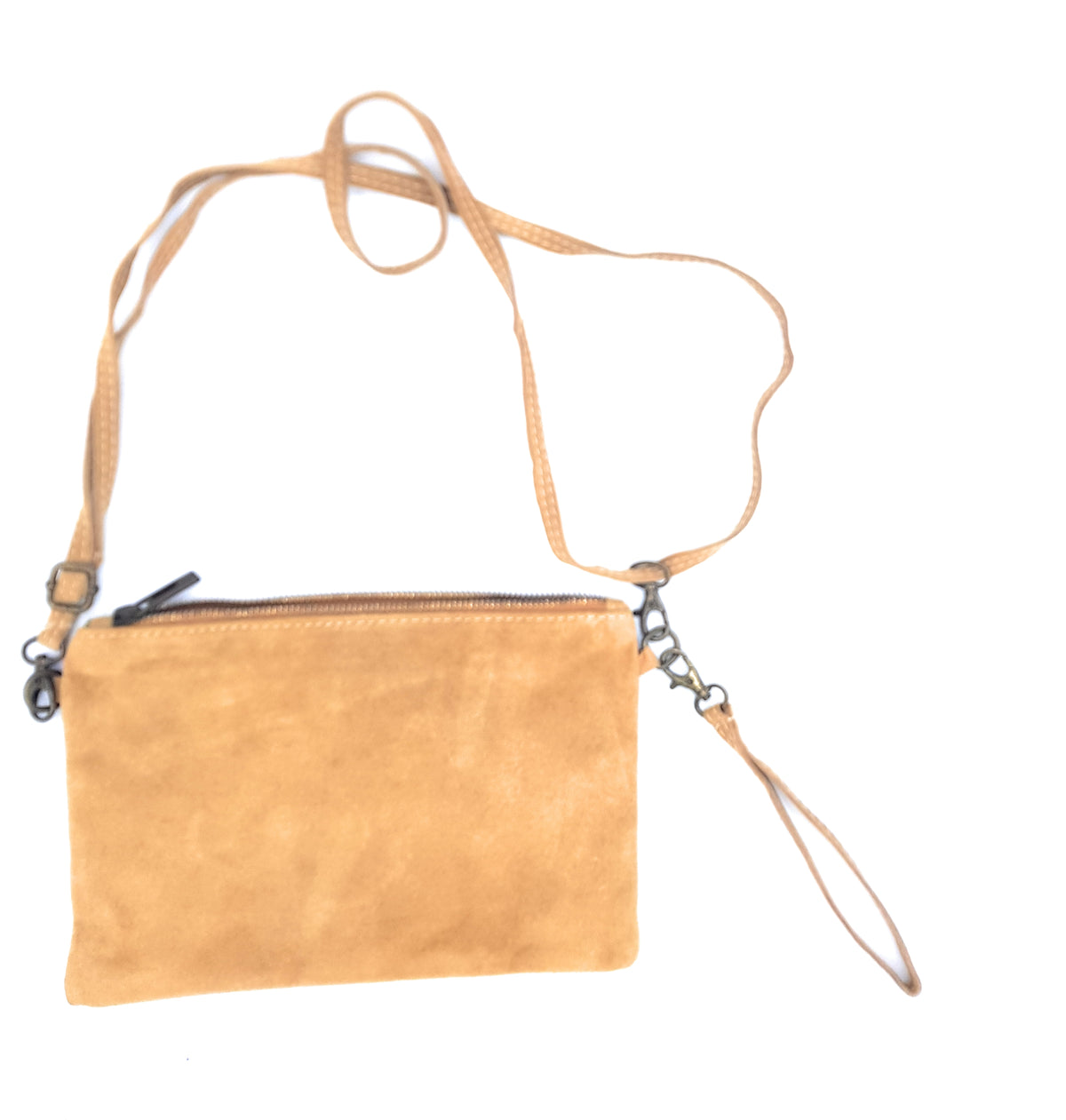 Namata Suede Leather Clutch Bag with Embroidery ~ Camel
