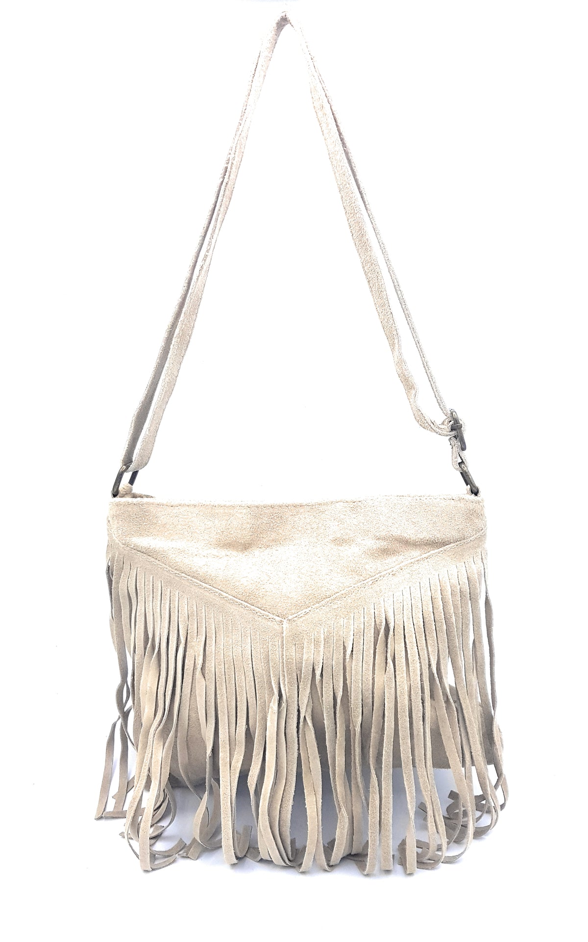 Sac à bandoulière en cuir suèdé à franges Chenoa ~ Beige