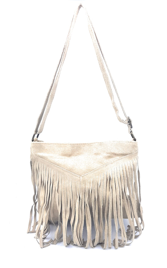 Chenoa Fringed Suede Leather Shoulder Bag ~ Beige